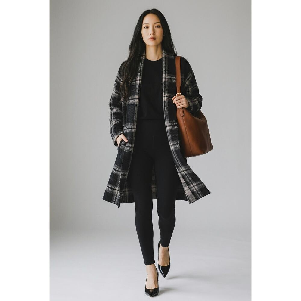Lauren Ralph Laure 100% Wool Plaid Shawl Collar Open Front Cardigan Size L NWOT